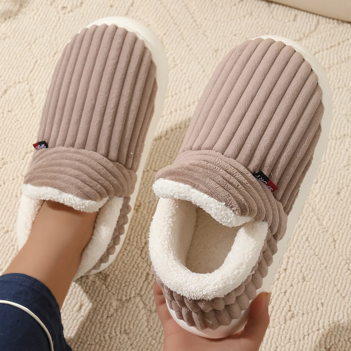 

plus size 46-47 men plush slipers winter outdoor warm furry cotton shoes women soft comfortable boots indoor flufy home slippers