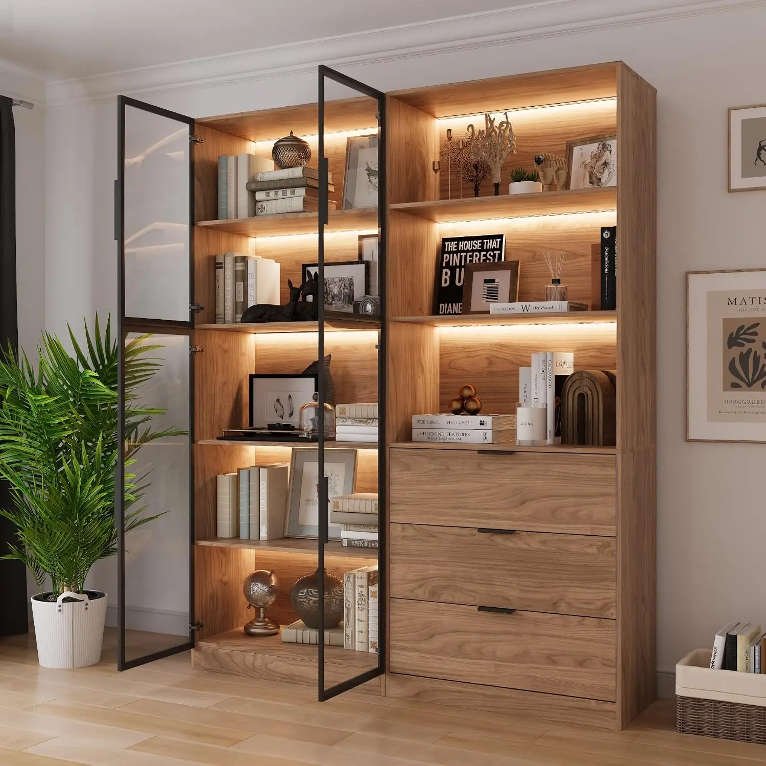 Walnut Display Cabinet Glass Doors 3 Drawers APP LED Lights Tall Shelf Collectibles Living Room Office Kitchen, Customized