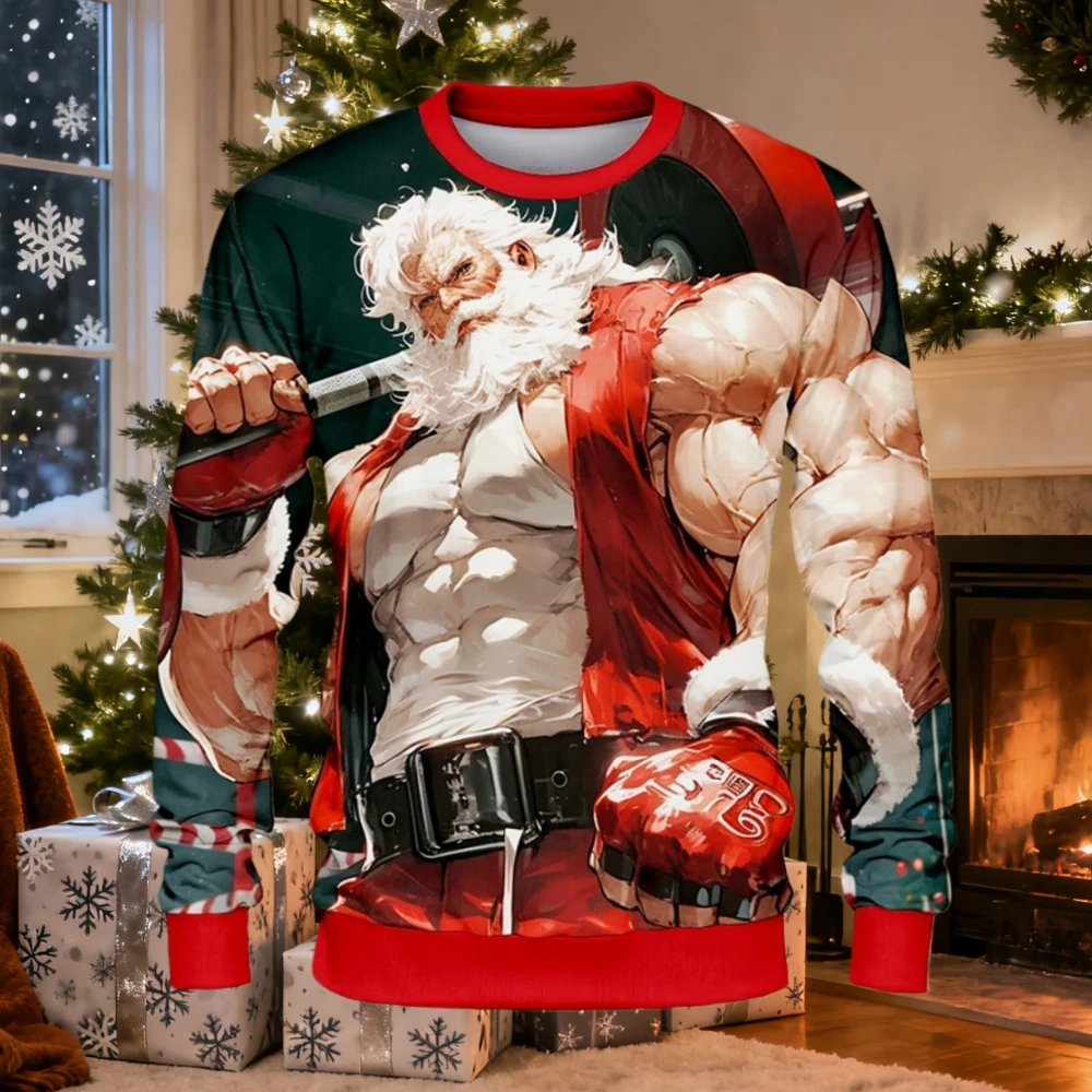 Funny Christmas Sweatshirt for Men Music Motorcycle Santa Claus 3D Print Pullover Hoodie Casual O-Neck Long Sleeve Man Clothing
