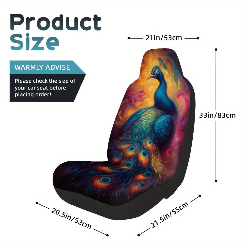 Set Of 2, Stunning Peacock Design In Sunset Hues For Car Seat Covers, Sturdy And Collapsible, Fits Most Front Seats, Perfect For