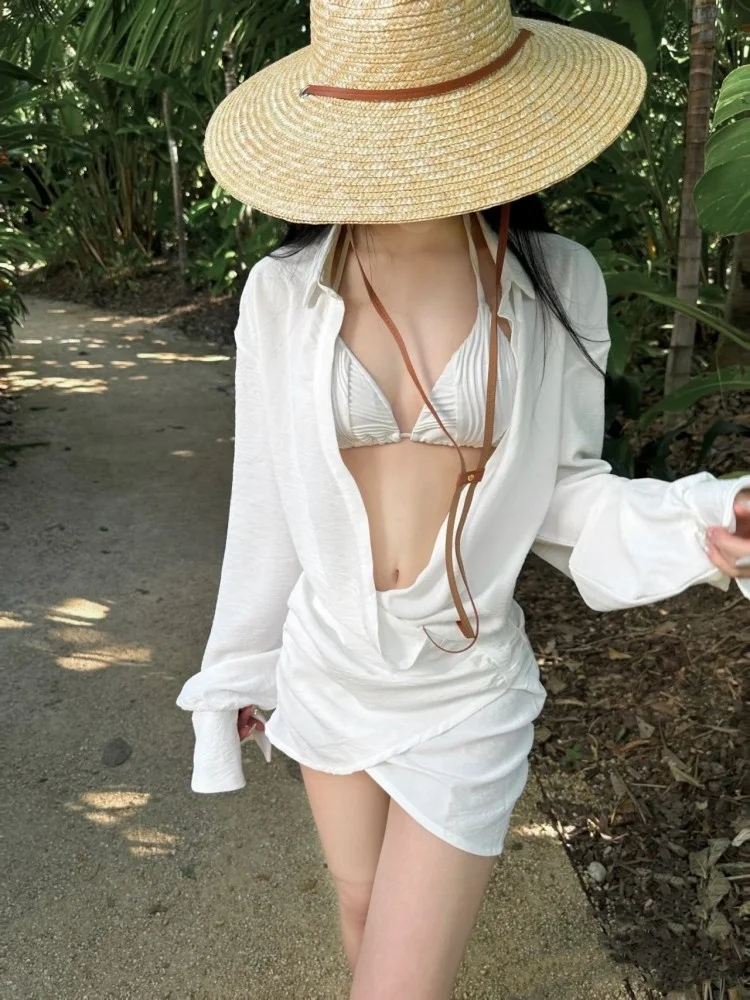 

Spring Summer New White Sun Protection irt Tee-piece Set Separate Hot Spring Vaion Swimsuit Bikini by Jin Jian Hai