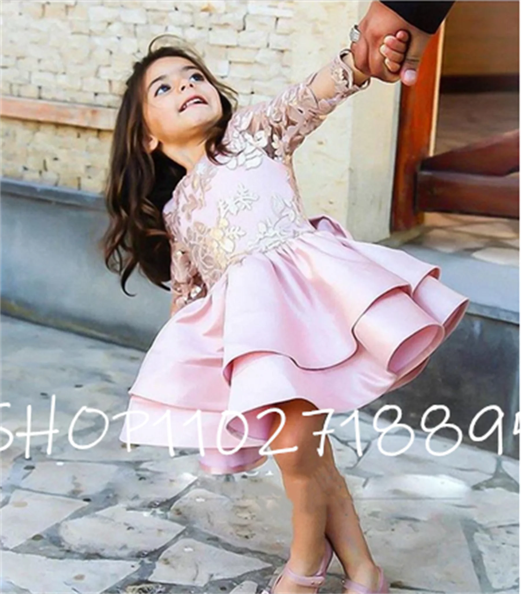 Cute Baby Girl Dresses Ball Gown Jewel Long Sleeve Girls Pageant Dresses for Wedding Party Kid Cloth Photoshoot