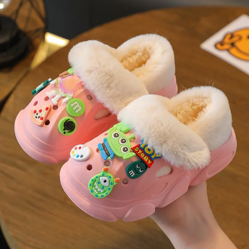 Kids Package Heel Cotton Slippers Cute Cartoon Children Warmly Shoes Waterproof Soft Sole Non-slip Girls Boys Baby Home Footwear