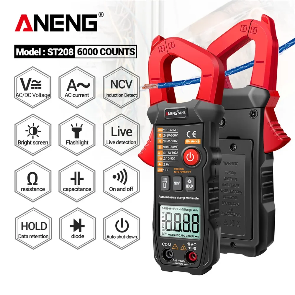 ANENG ST208 Digital Clamp Meter Multimeter Car 6000 counts AC/DC Current Measure Transistor Tester Voltimetro Amperimetro