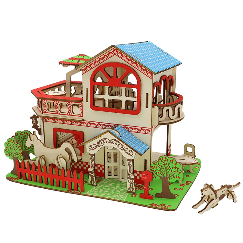 Hutte tridimensionnelle en bois 3D pour enfants et adultes, maison de bricolage, villa, puzzle, modèle de construction fait à la main, jouets de fête de jeu, cadeau pour enfants