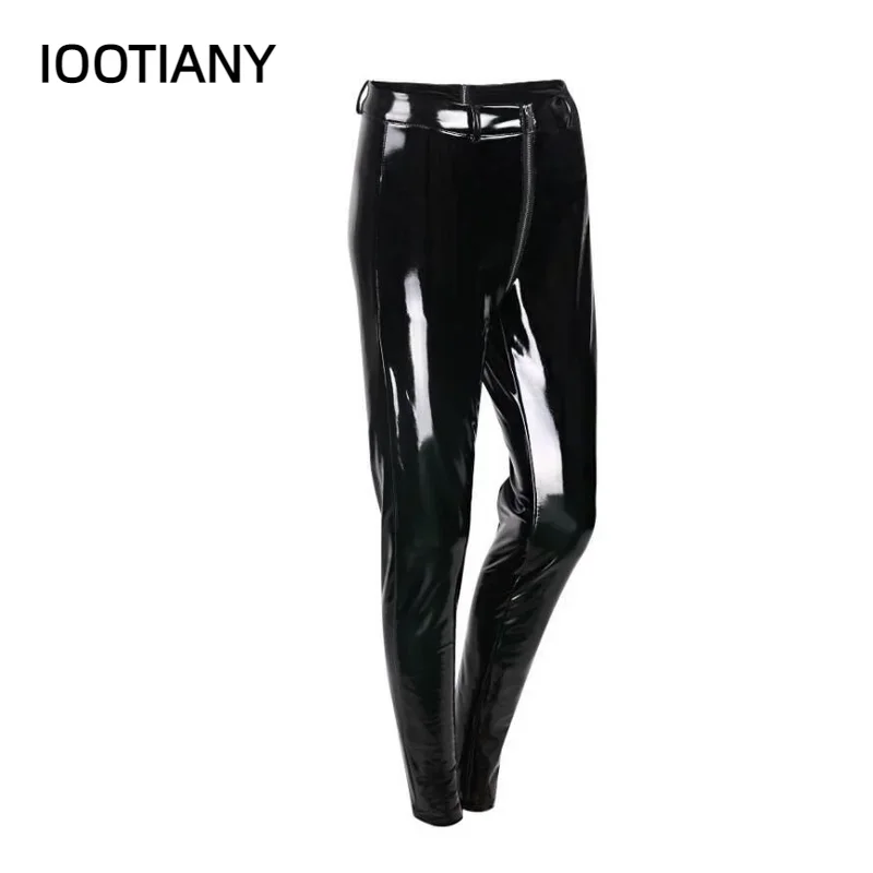 CosplaySexy أحمر أسود بولي PU فو الجلود بناطيل ضيقة مفتوحة المنشعب طماق المرأة سستة مفتوحة المنشعب سليم بنطلون