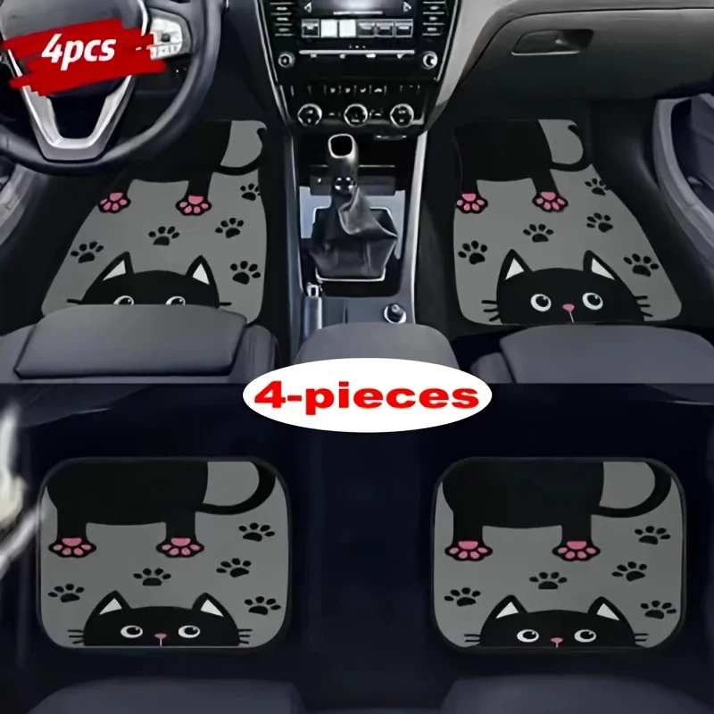 

4pcs set Naughty Cat Pattern Car Carpet, All-Season Vehicle Carpet with Non-Slip Base, Easy-to-Clean Car Interior Accessories