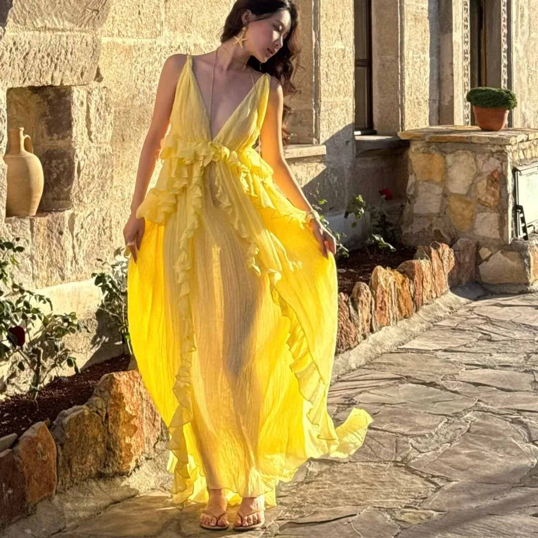 

Элегантная плиссированная длинная юбка с глубоким V-образным вырезом, французский стиль, высокая талия, из шифона, для пляжа, летняя