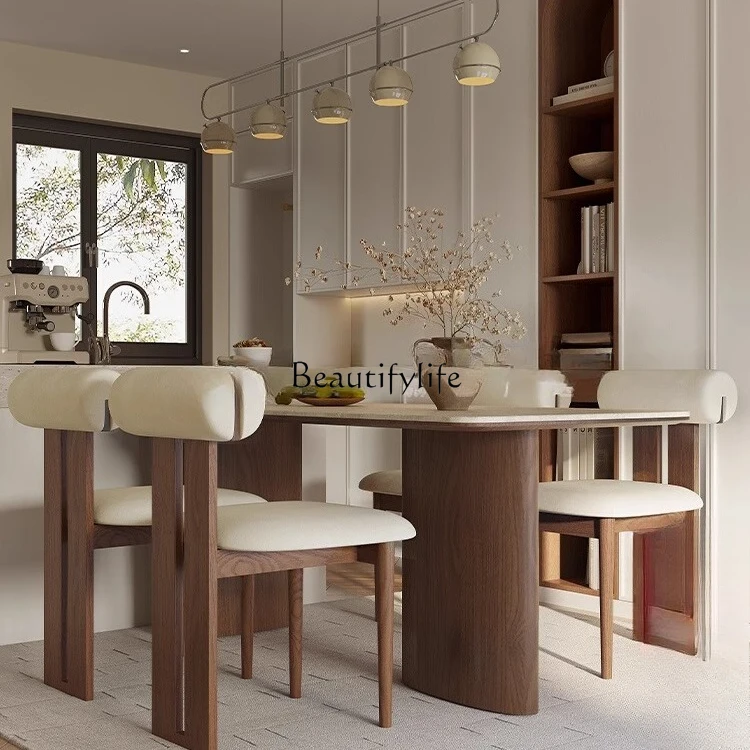 French retro dining table imported travertine rock slab black rectangular solid wood dining table