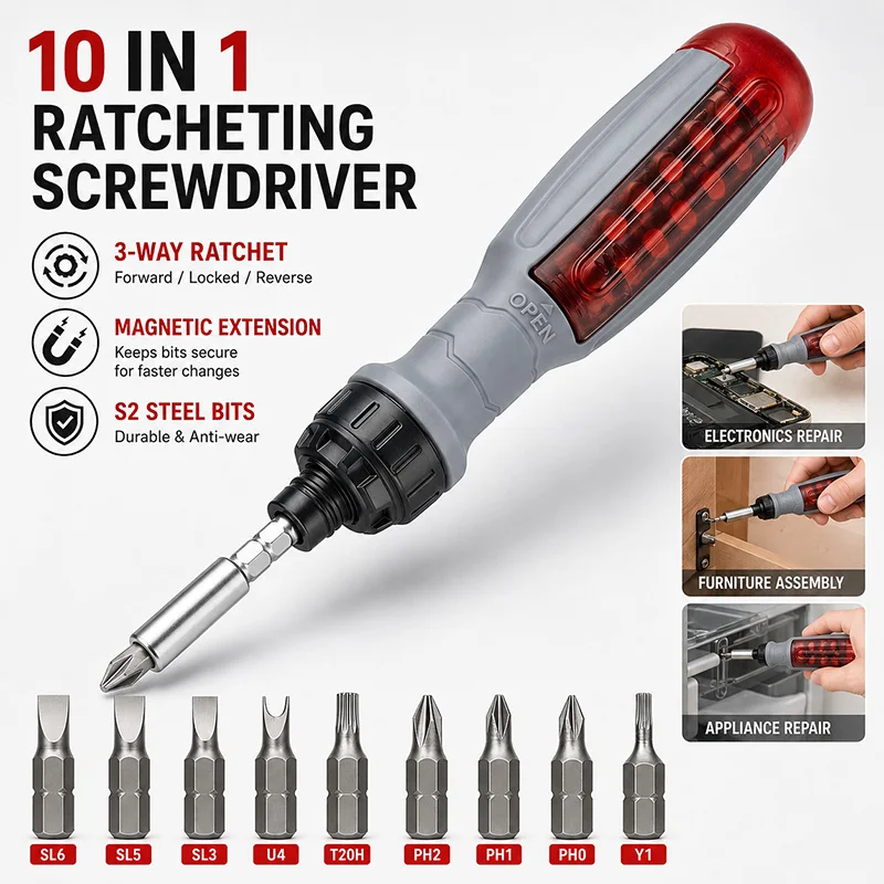 10 in 1 Ratchet Screwdriver Set Multi Bit Repair Tool with Phillips Slotted Torx Security U Shape Y Type Bits for Home DIY Kit