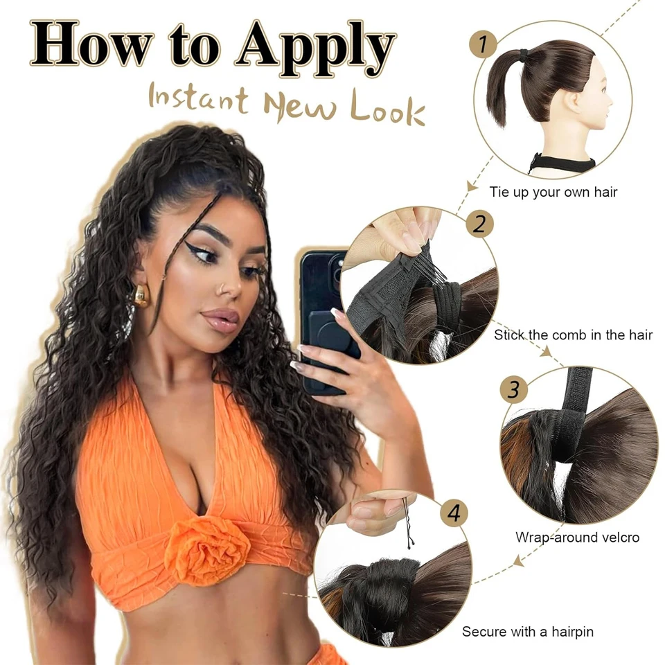 合成コーンウェーブポニーテールエクステンション 24 インチロングラップアラウンドポニーテールかつら女性のためのブラックブラウン耐熱