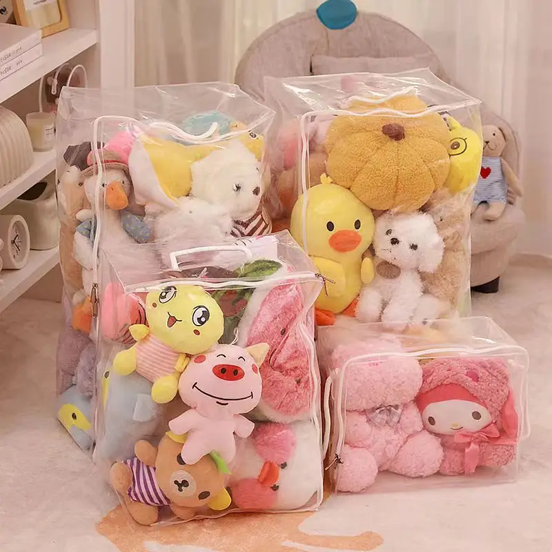 Large capacity Plush  toy storage bag transparent doll storage tube zipper dustproof storage bag and organization