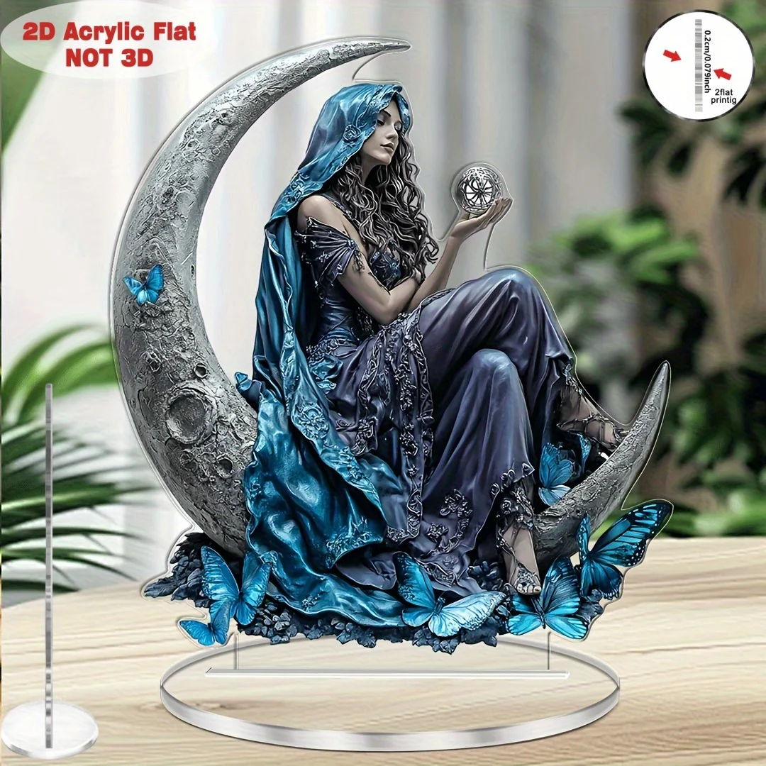 2D Flat Acrylic Stand, Mystical Witch Sitting On Moon With Blue Butterflies Figurine Ornament, Acrylic Tabletop Decor for Home D