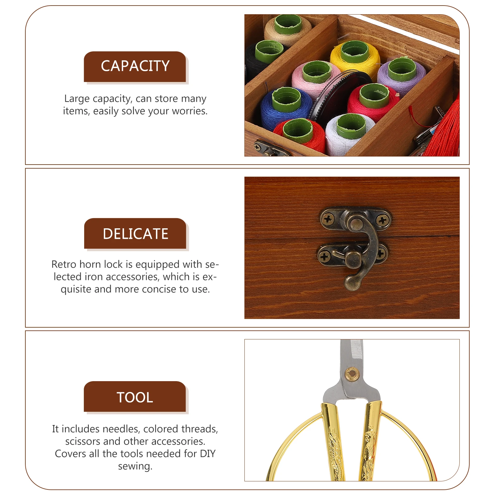 

Retro Sewing Kit Large Capacity Storage Box Durable Horn Lock Natural Wood Material Eco-Friendly Long-Lasting for Adults
