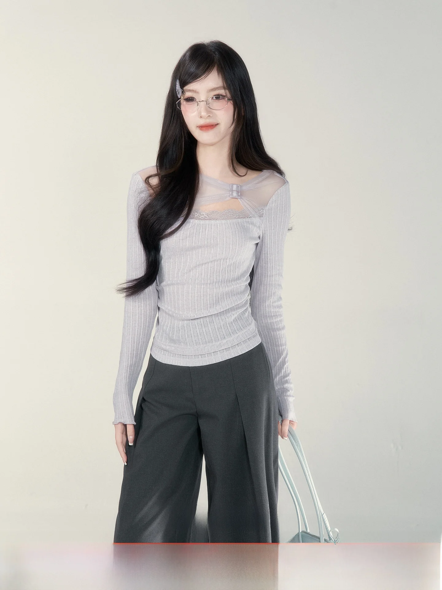 

Purple Long Sve T-irt Lace Splicing Slimming Top Square Collar Patchwork Design Commute Sle Korean Version Spring New