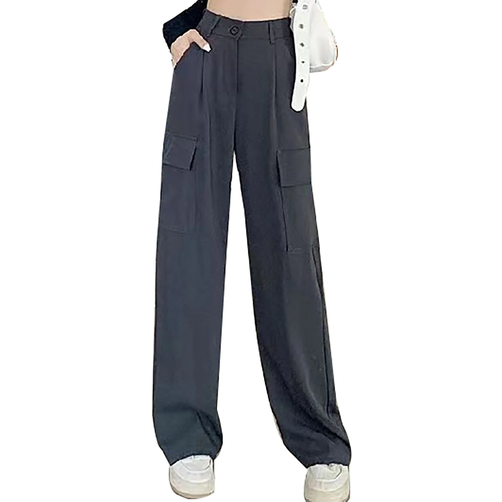 Woman Wide Leg Cargo Pants Breathable Loose Fit Black Trousers for Office School Home Leisure Time