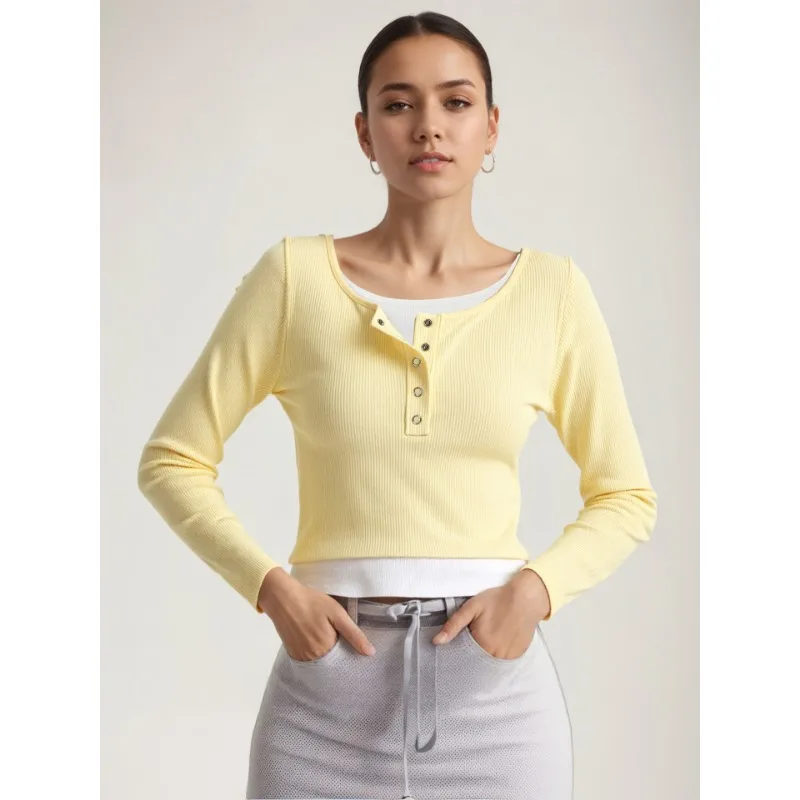 Women's Round Neck Contrast Color Fake Two-Piece Long Sleeve T-Shirt Solid Color Bottoming Shirt High Bullet Strip Top