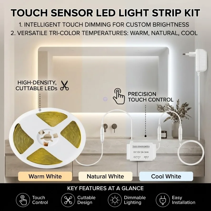 Dimmable 12V COB LED Light Strip Touch Control Bathroom Makeup Mirror Dressing Table Background Lighting Sensor Vanity Light