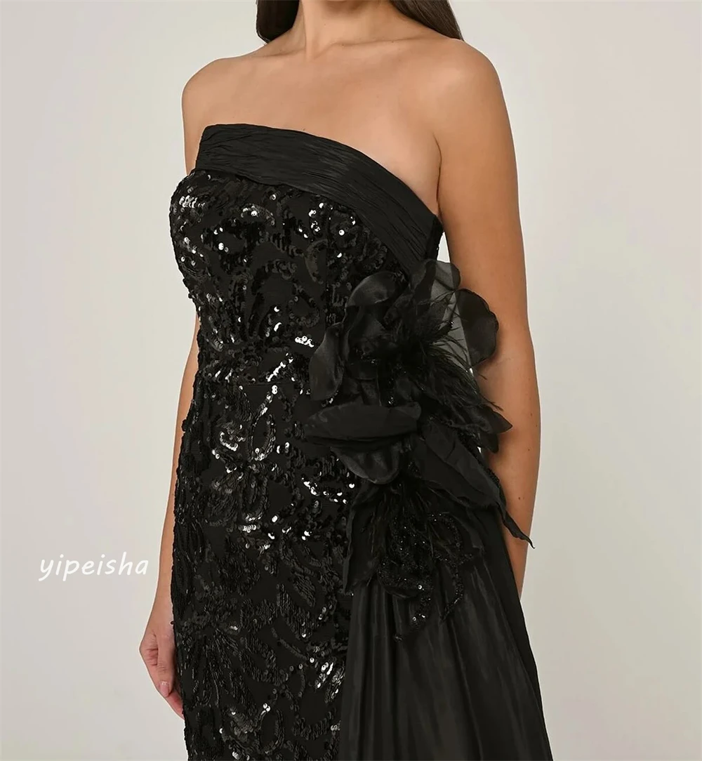 Jersey Sequined Applique Ruched Birthday A-line Strapless Bespoke Occasion Gown Long Dresses