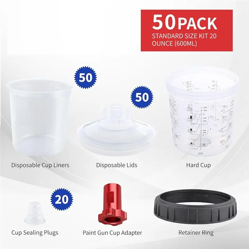 New Paint Guncup, 20 Oz (600 Ml) Set, With 50 Cup & Lid System, 10 Plugs & 1 Hard Cup With Retainer Ring, 1 Cup Adapter