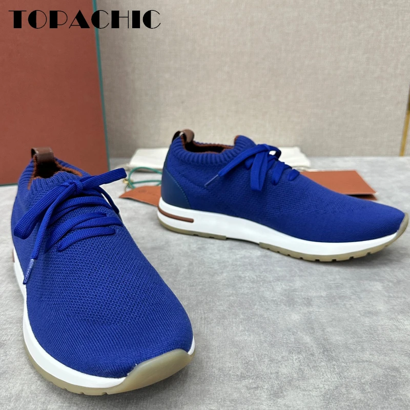 12.5 TOPACHIC Men\'s Knitted Breathable Comfortable Casual Shoes Lace-Up Solid Color Flat Sneakers Walking Shoes