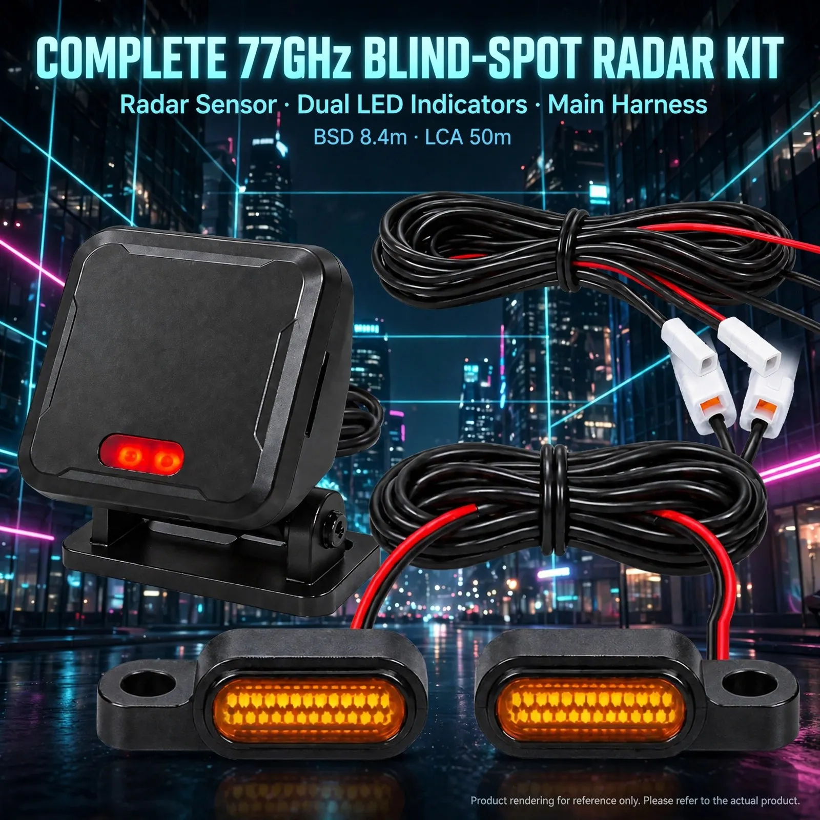 Motorcycle Blind-Spot Radar with Twin LED Alert Lamps – 77GHz Millimeter-Wave, Up to 70m Rear Detection, BSD 8.4m and LCA 50m (T