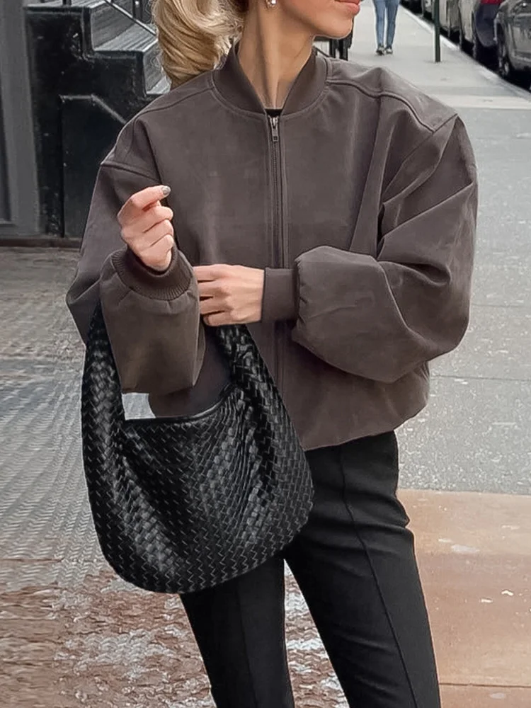 

Vintage Jackets Coats Women Fashion Long Sleeve Jackets Solid Zipper Stand Collar Jacket Coat Streetwear 2025 New Autumn Winter