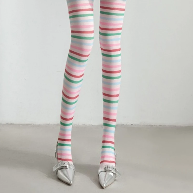 Y2K Dopamine Stripe Tights for Women, Sweet Kawaii Multicolor Pantyhose, Harajuku Elastic Hosiery, Streetwear Leggings and Socks