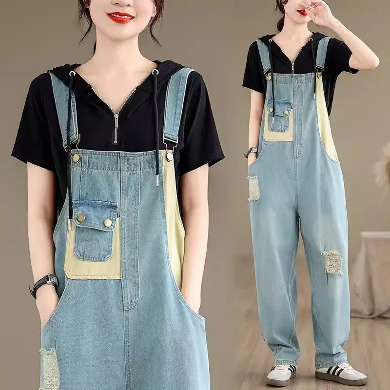 

Blue Jeans With Shoulder Straps Women's New Summer 2024 Fashion Denim Jumpsuit Pants High Waisted Slim Straight Trousers K1126