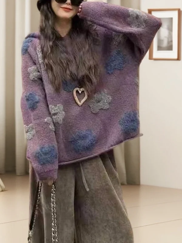 

Весна 2026: Повседневный женский вязаный свитер с фиолетовой вышивкой, худи с капюшоном, удобный свободный крой, длинный рукав, для повседневной носки