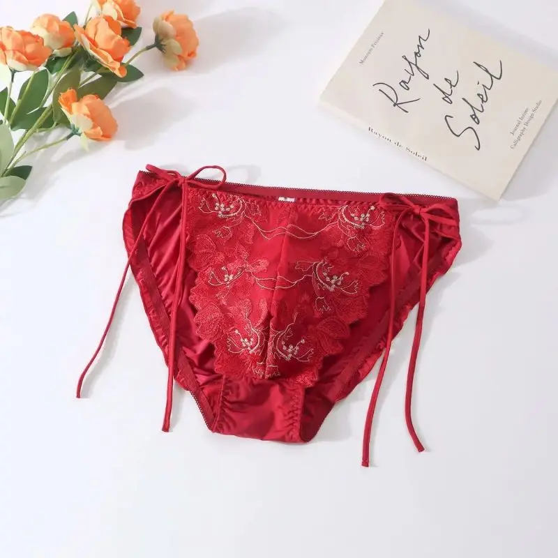 

Men Briefs Ice Silk Sexy Soft Briefs Tie up Bow Embroidery Panties Silky Touch Bulge Breathable Intimates BF Male Underpants
