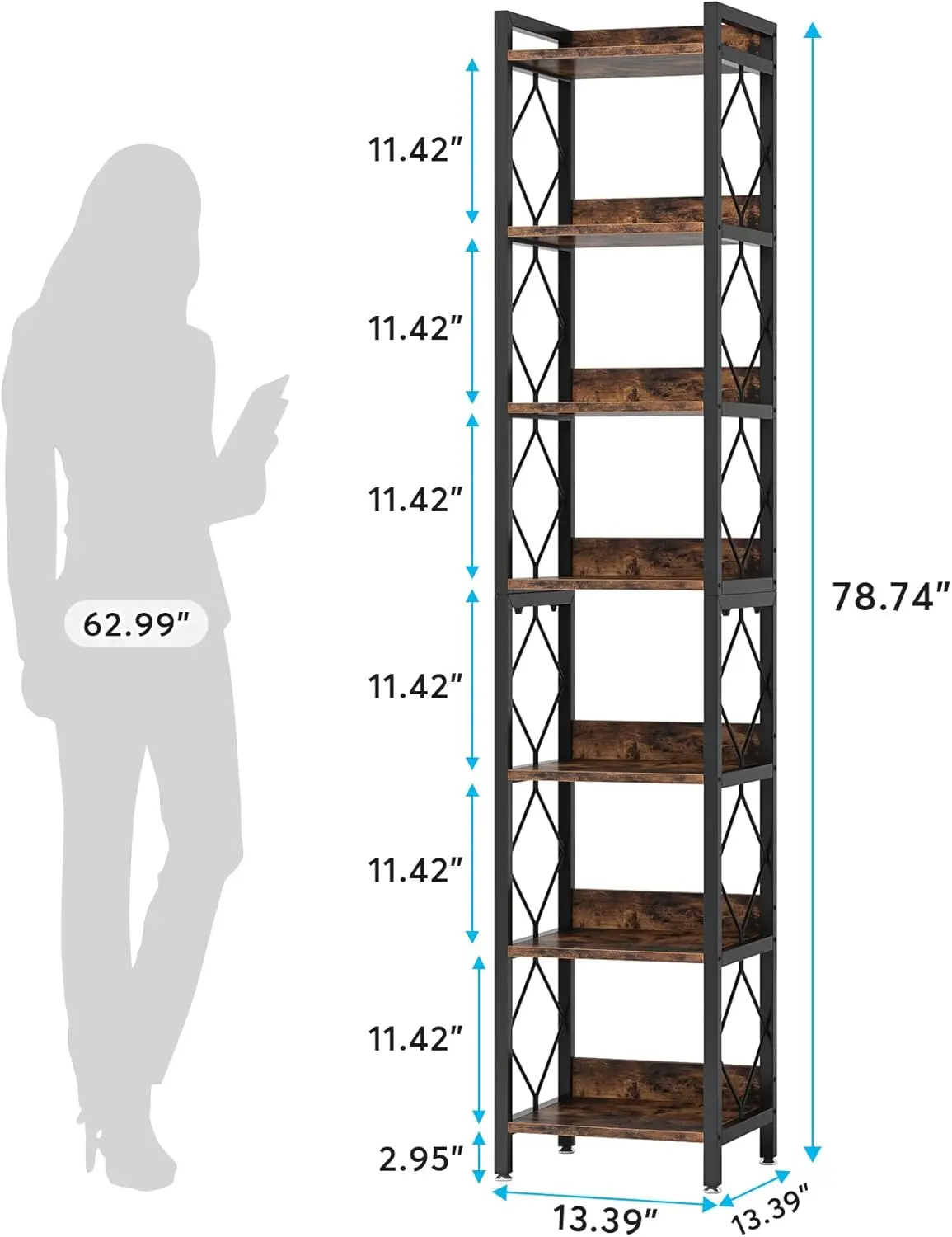 78.7 Inch Extra Tall Narrow Bookshelf, 7-Tier Skinny Bookcase for Small Spaces, Freestanding Display Shelves, Multifunctional