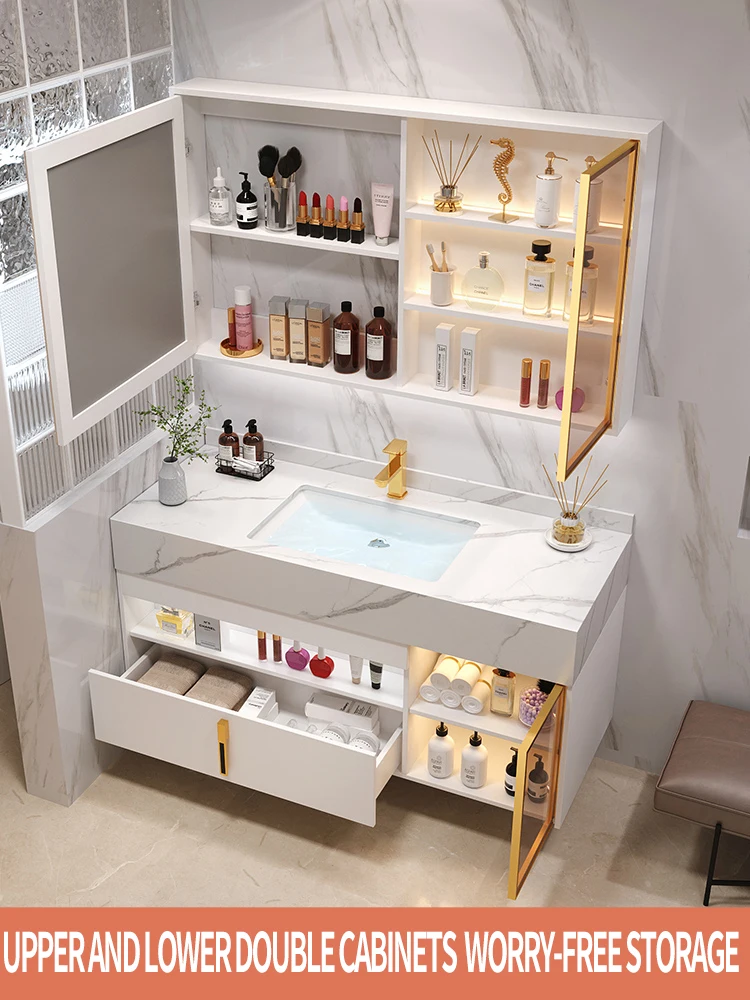 Slate Bathroom Cabinet New Light Luxury Intelligent Induction Double Washbasin Full Sets Solid Wood Furniture Custom Wash Table