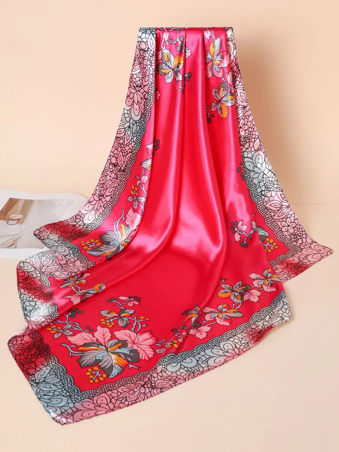 Vintage Floral Lace Print Satin Square Scarf 90x90cm, Women Large Headscarf Neck Shawl Multi‑use Bag Accessory Gift