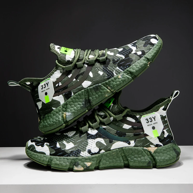 Men's Camouflage Green Sports Shoes Hiking Street Style, Slip Outsole and Mesh Upper Series Urban Fashion Fitness Shoes 2025