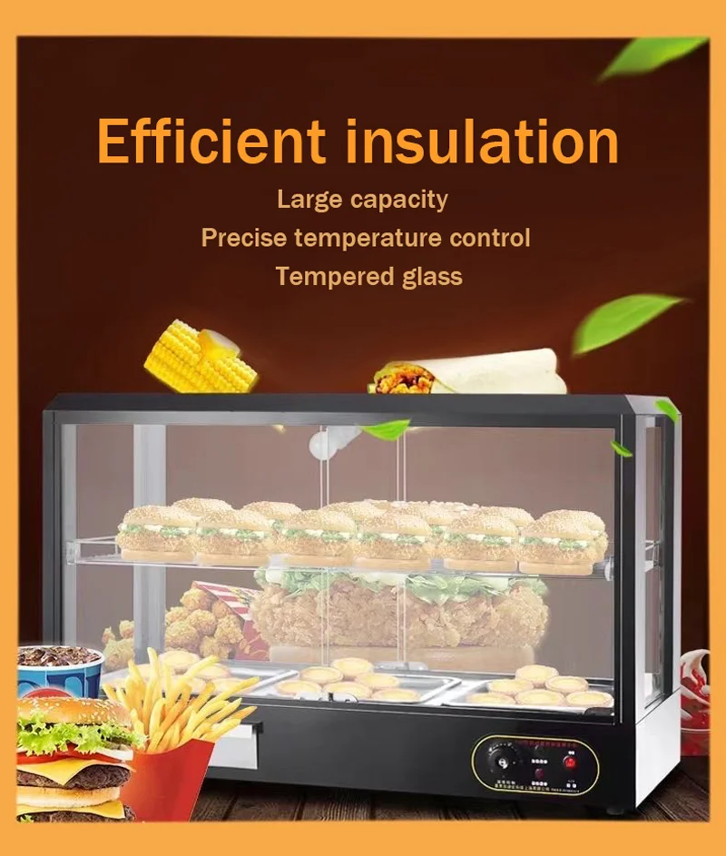 Commercial Food Insulation showcase Tempered Glass Fried Chicken Pizza Hot Dog  Food Warmer Display