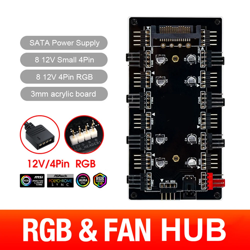 12V 4Pin/5V 3PIN 1 To 8 Multi Way Splitter Motherboard Sync ARGB/RGB PWM Fan Hub PC Speed Controller Adapter RGB Strip Splitter