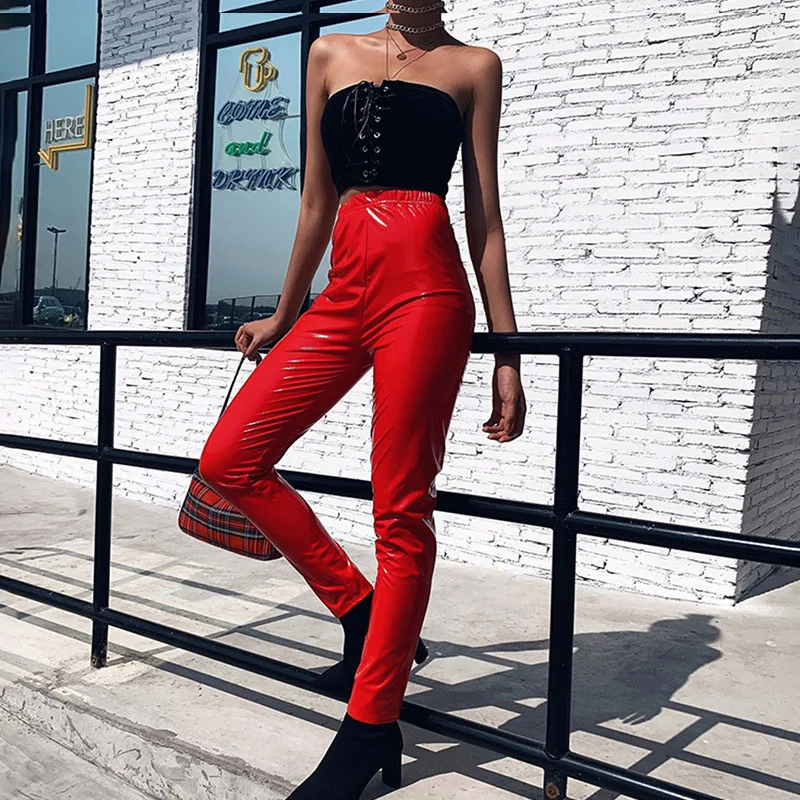 2025 Autumn New Bright Mirror Imitation Leather Thin Tight Elastic Lacquer PU Reflective Mirror Sexy Leather Pants Women's Wear