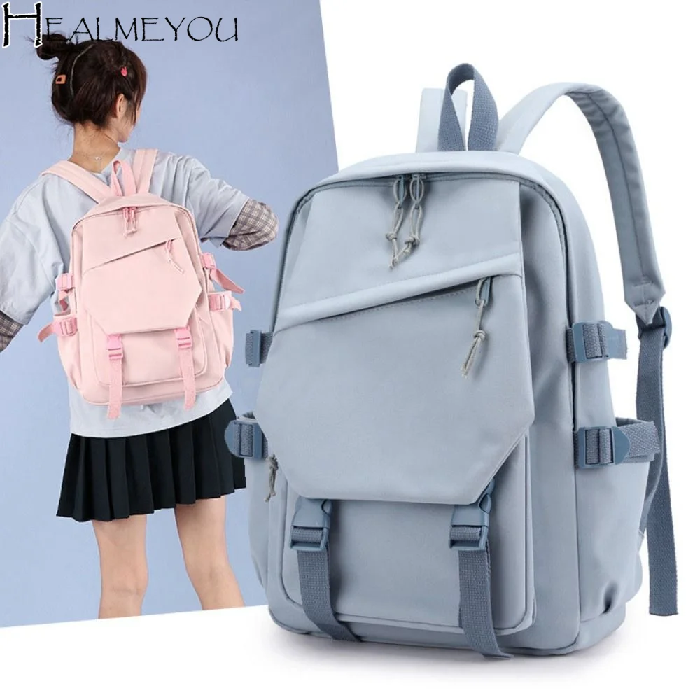 Multi-Function Nylon Backpack Solid Color Large Capacity Women Shoulder Bag Adjustable Laptop Bagpack Students Schoolbag Travel