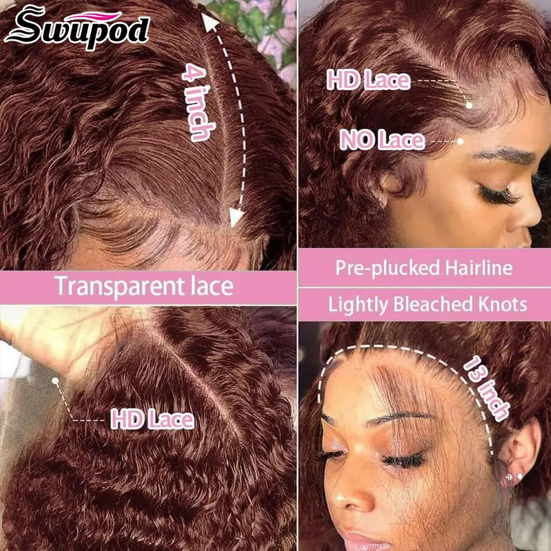 Swupod 13x4 13x6 200 Density Transparent HD Lace Front Wig for Women Deep Wave Remy Human Hair 33# Reddish Brown Color Glueless