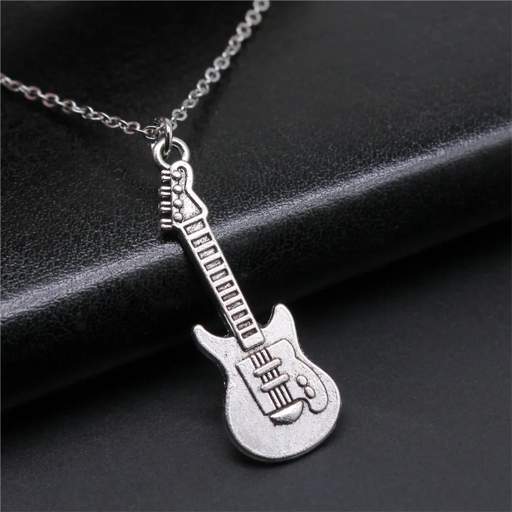 Simple Classic Fashion 12x35mm Antique Silver Color Guitar Pendant Girl Women Short Chain Necklaces Choker Necklace