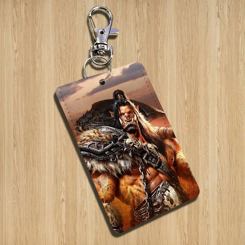 GAME W-World Of Warcraft-ES Rectangle ID Card Case Keychain Access Card Bag Key Tag Ring Leather Card Holder Key Ring Access