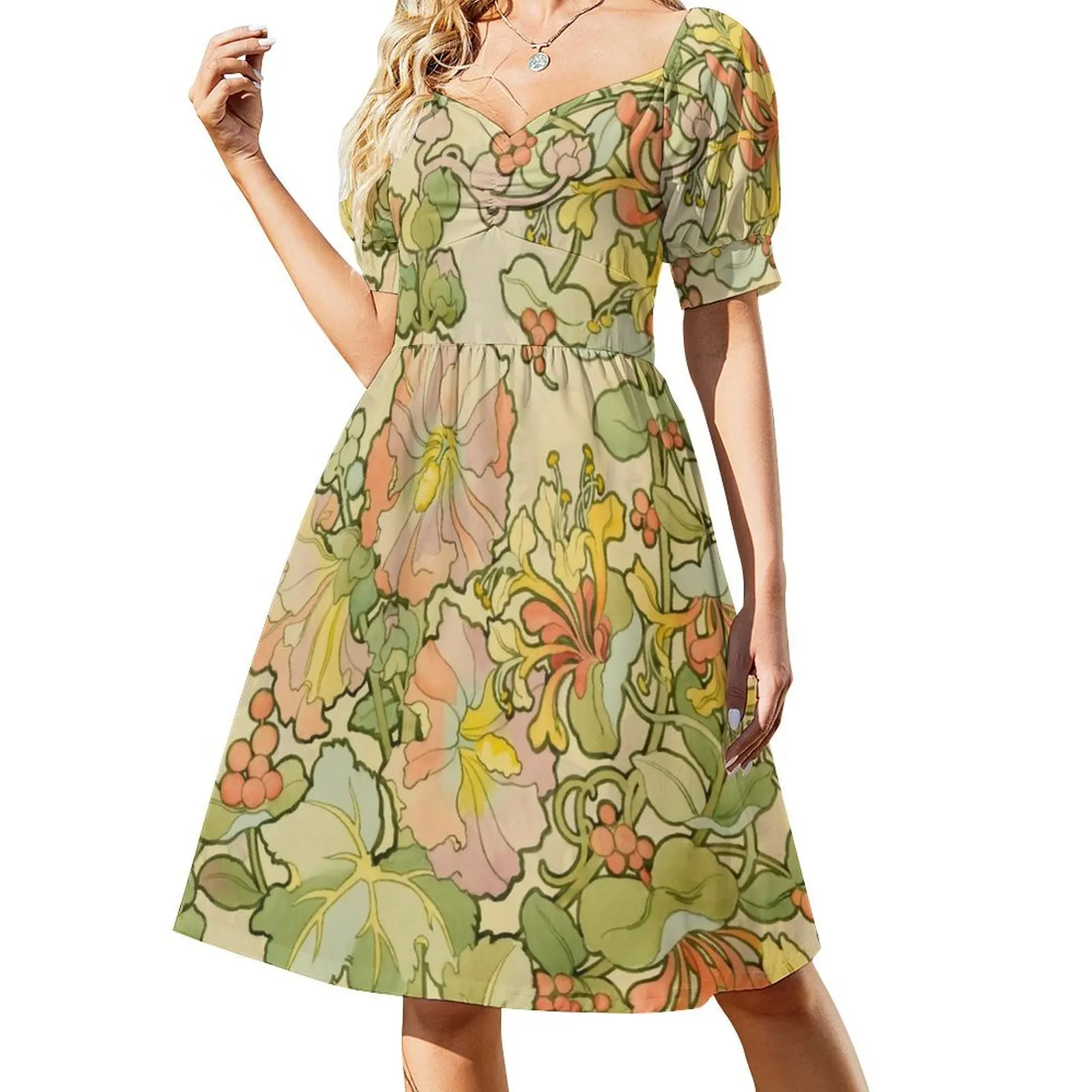 Alphonse Mucha (1860 – 1939) Flowers textile design Short-Sleeved Dress Woman clothes luxury women's party dress evening prom