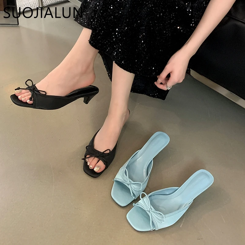 SUOJIALUN 2024 Summer New Brand Women Slipper Fashion Open Toe Slip On Ladies Elegant Slides Square Med Heel Dress Sandal Shoes