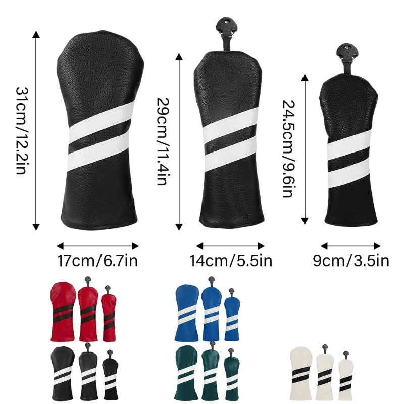 3Pcs Waterproofs PU Golfs Club Head Cover Stripe Pattern Fairway Head Cover