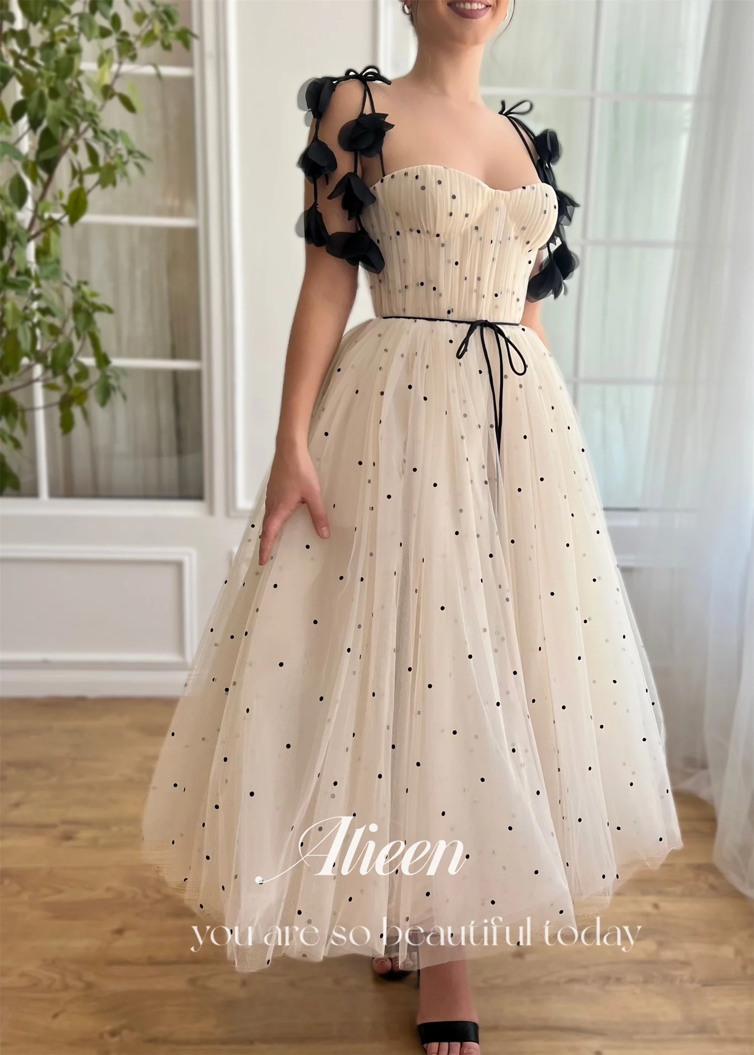 Aileen Champagne Sweetheart Black Dots A-line Chubby Elegant Party Dresses Woman Evening Gala Prom Wedding Dress 2024 Graduation