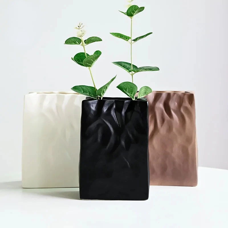 Crinkle Paper Bag Vase Desk Decor Book Flower Vases White Paper Bag Vase Unique Square Pleated Small Vases Nordic Ceramic Vase