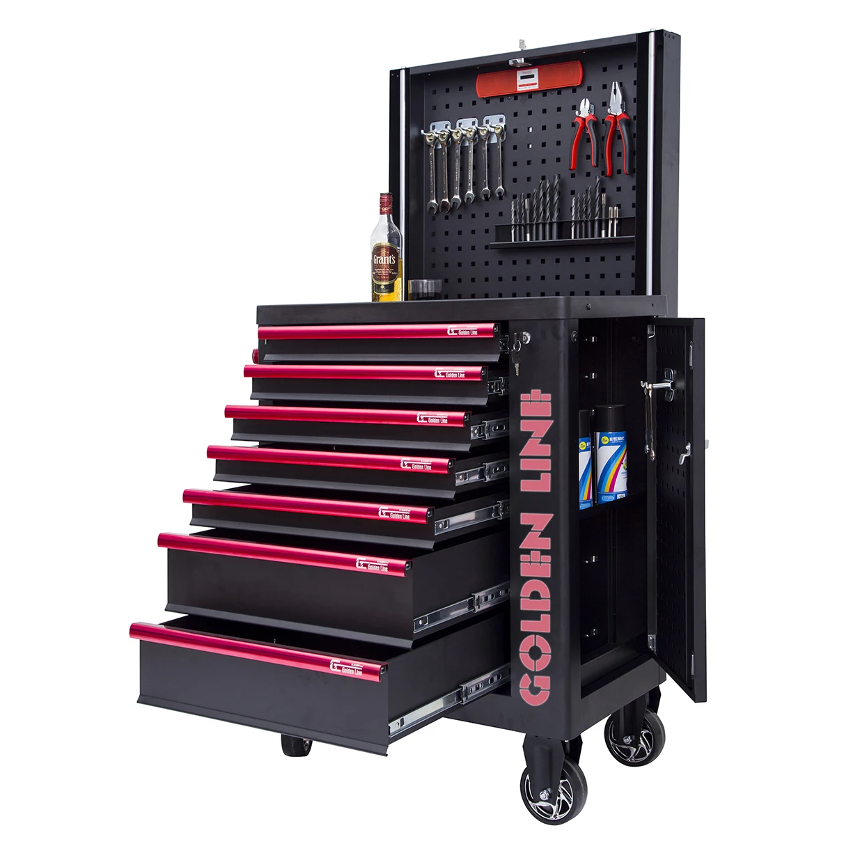 

Скринька для инструментов с 7 ящиками и перфорированной доской, стальной железный металлический шкаф для мастерской, гаража, порошковое покрытие, настраиваемая OEM