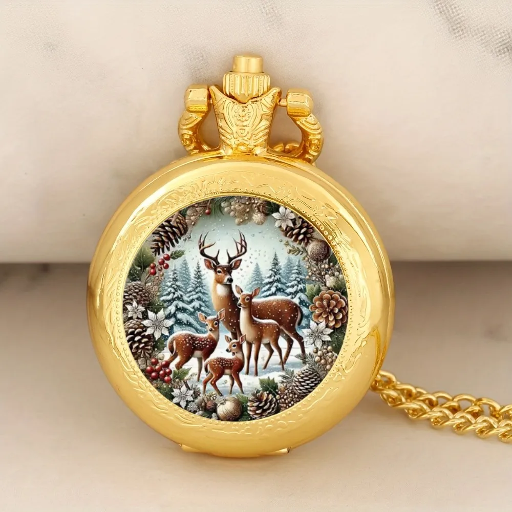 Exquisite Vintage Golden Mini Pocket Watch, Elk Animal Patterns Flip Quartz Clock, Retro Necklace Hanging Watch,Christmas Clock