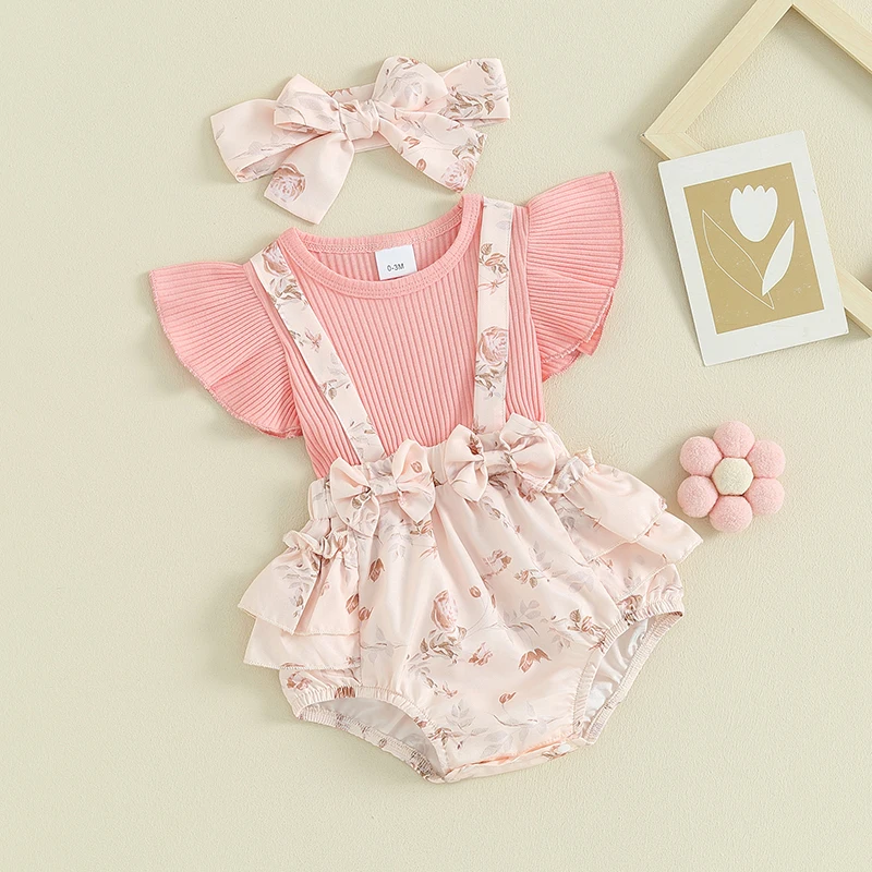 

Newborn Infant Girl Romper Dress Knit Patchwork Fly Sleeve Ruffles Jumpsuit Headband Set Newborn Outfit